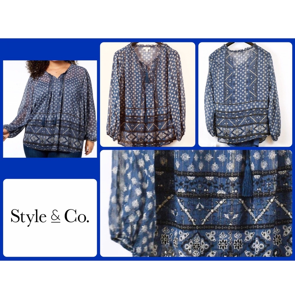 Style & Co Denim Blue Sheer Flowy Top